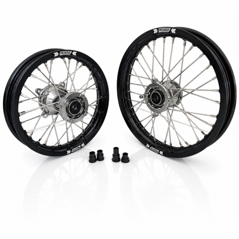Paire de roues MX PROSTUF 65cc - KTM / GASGAS / HVA - 25-27 - Moyeux Titane / Jante noires - Grandes roues 17/14